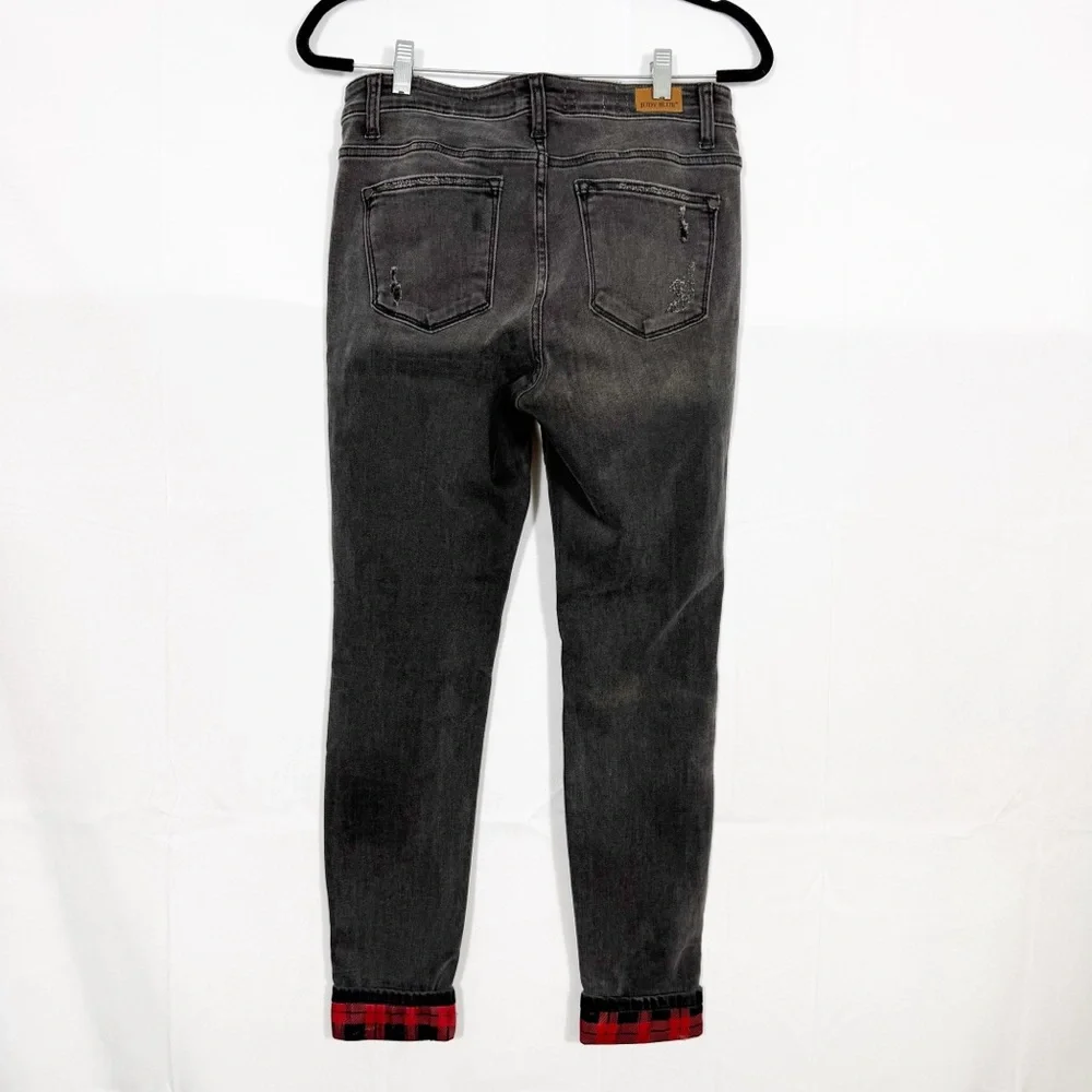 Judy Blue Buffalo Plaid Peek-A-Boo High Rise Skinny Jeans Charcoal Grey Black